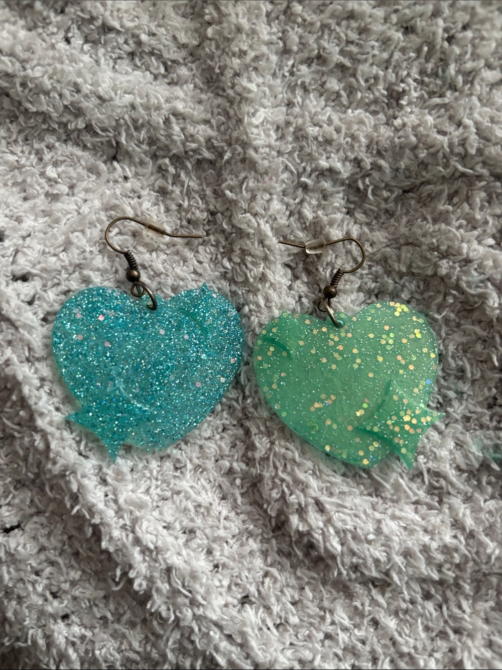 Glitter Heart Earrings in Blue and Green (handmade)